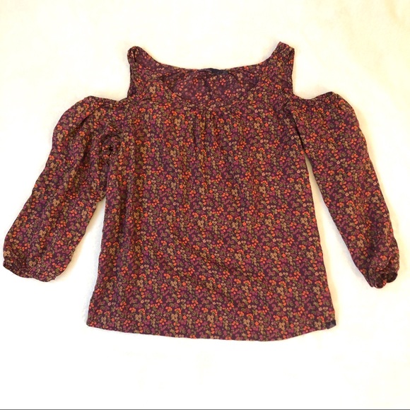 PrAna Purple Orange Floral Print Cold Shoulder Top - Picture 2 of 6